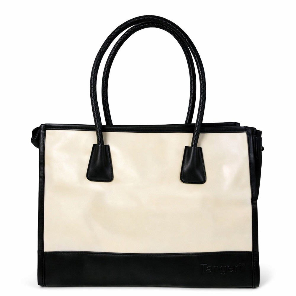 Tanger Cream Black Colorblock Tote Bag Braided Handle Faux Leather Shoulder Bag